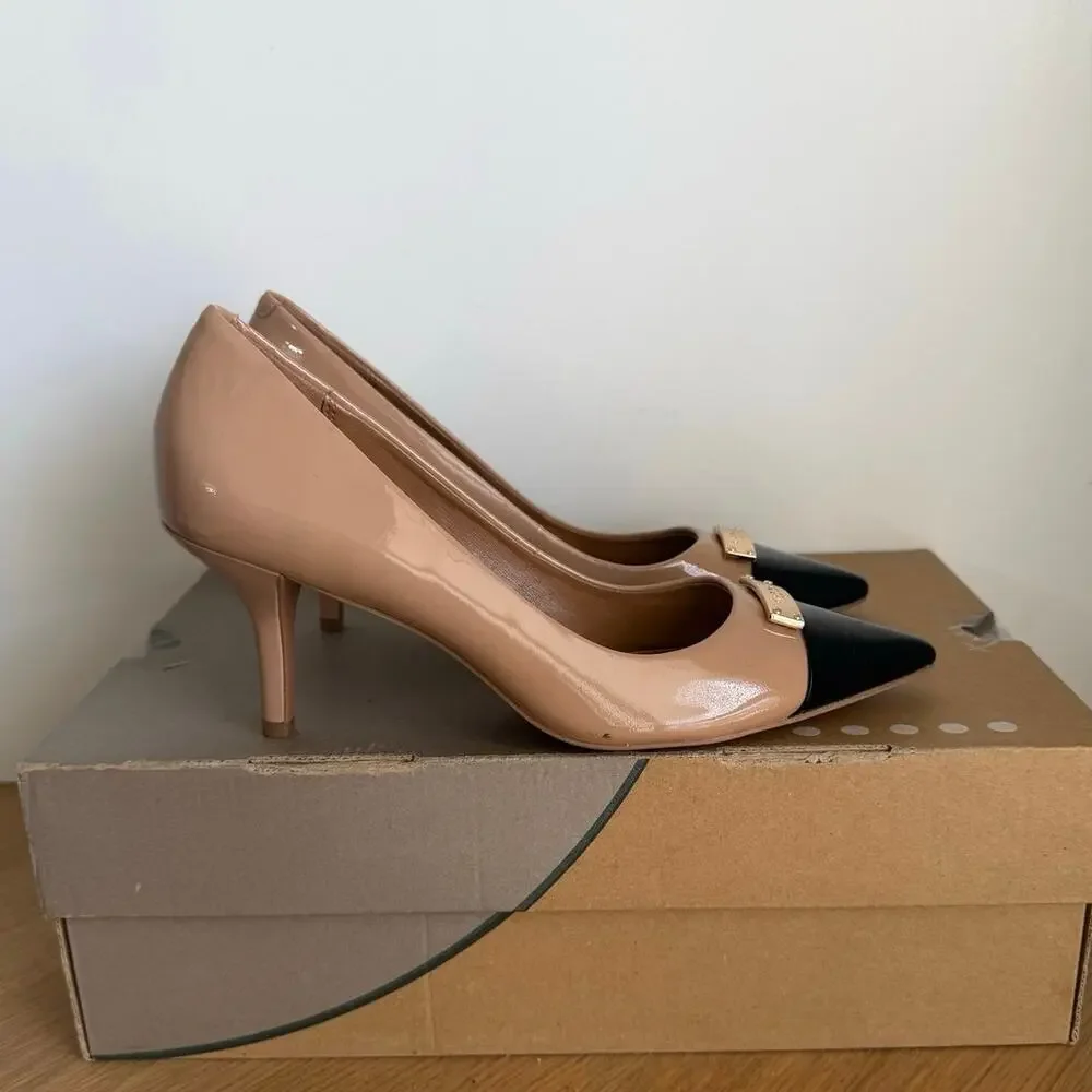 COACH Zan Patent Leather ‘Tapioca/Black’ Women Pointed Toe Heels- SZ 7